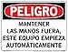 VESTIL DANGER LABEL SI-D-08-B-LB-011-S VINYL .011" overall size 12.5"W x 9.5"H Keep Hands Clear This Equipment Starts Automatically MANTENER LAS MANOS FUERA, ESTE EQUIPO EMPIEZA AUTOM?TICAMENTE