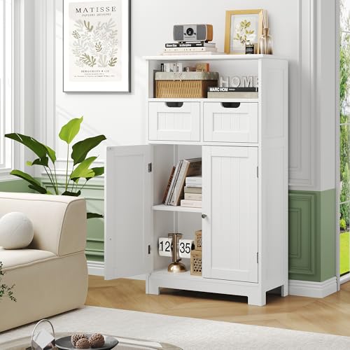White-Storage-Cabinet-with-Drawers-and-Shelves-Bathroom-Cabinet-with-Doors-Floor-Storage-Cabinet-Hutch-Cupboard-for-DiningLiving-RoomHome-Office White Storage Cabinet with Drawers and Shelves Bathroom Cabinet with Doors Floor Storage Cabinet Hutch Cupboard for DiningLiving RoomHome Office