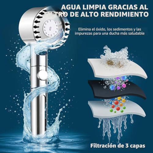 Miniatura 3 de LENDOO Alcachofa de ducha con Filtera – Cabezal de ducha cromado de alta presión con filtro de agua de 15 niveles, 4 modos y botón de parada – Alcachofa de ducha para agua calcárea, niños, mascotas y