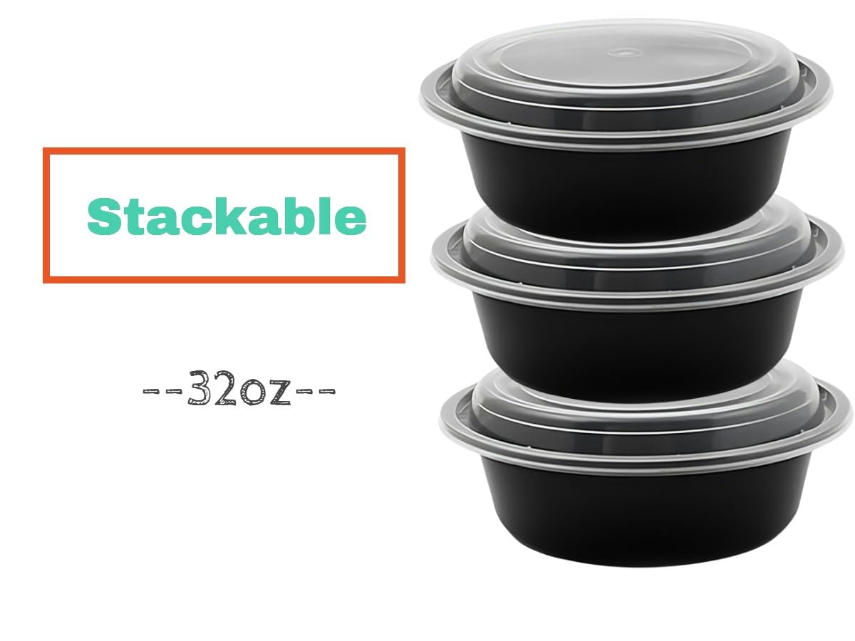 Recipientes de plástico para comida preparada de 32 onzas con tapas, 1 compartimento, sin BPA, aptos para microondas, recipientes de almacenamiento de alimentos con tapas para almuerzo, ensalada, caja