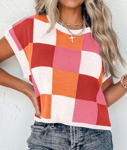 Image of ATHMILE Womens Cap Sleeve Tops Color Block Crop Sweater Going Out Crew Neck Knit Shirts Business Casual Outfits
