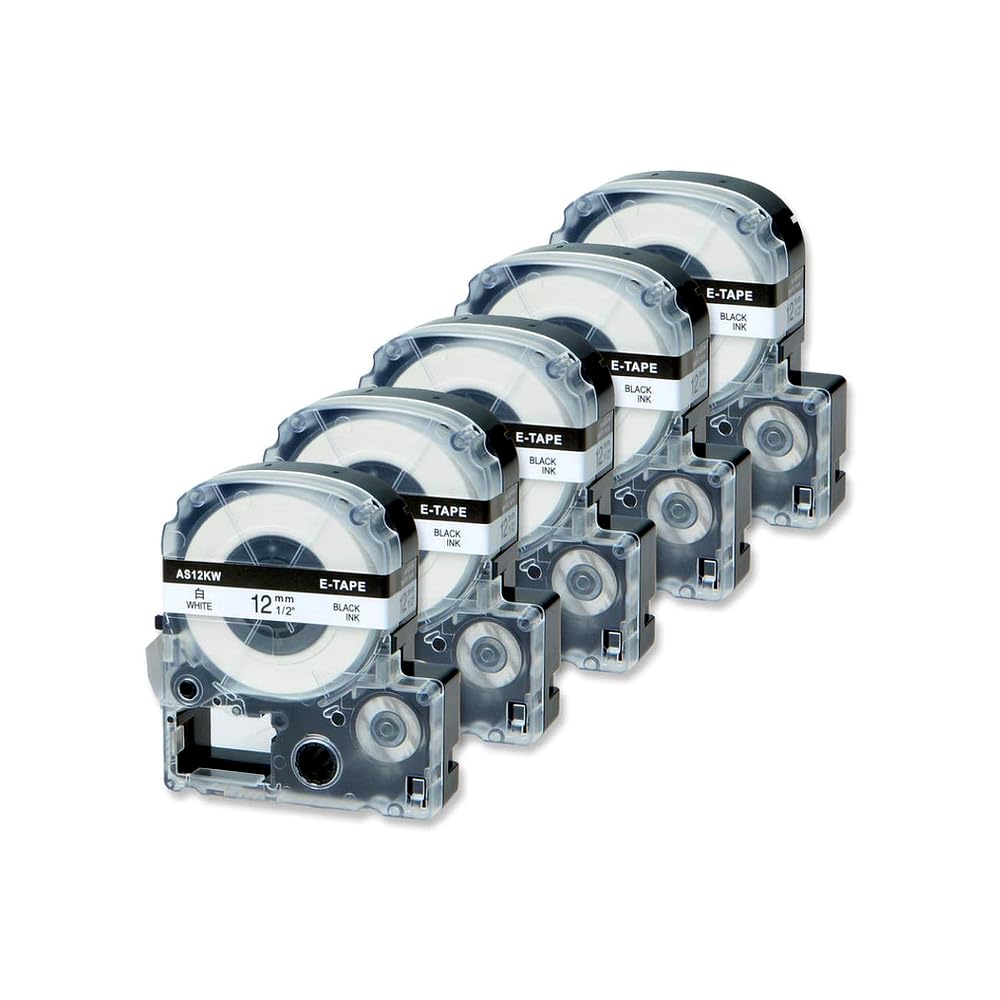 Paquete de 5 etiquetas estándar 12mm X 8m AS12KW negro sobre blanco