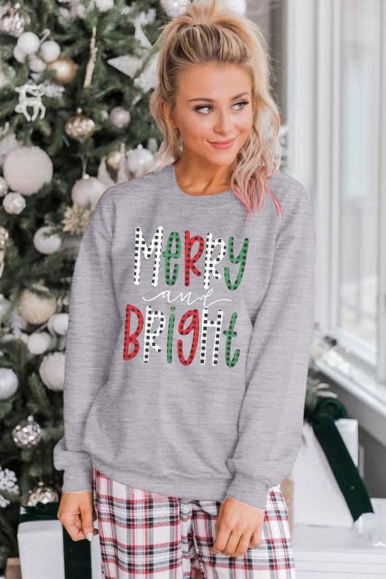 Christmas Sweatshirt Women Merry And Bright Pullover Shirt Novelty Christmas Xmas Gift Holiday Top - Image 3