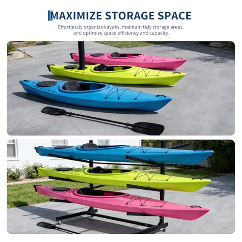 Freestanding Kayak Storage Rack with Wheels, Adjustable Kayak Racks for Garage and Outdoor, Heavy Duty Kayak Stand for Canoes, Kayaks, SUP and Surfboards