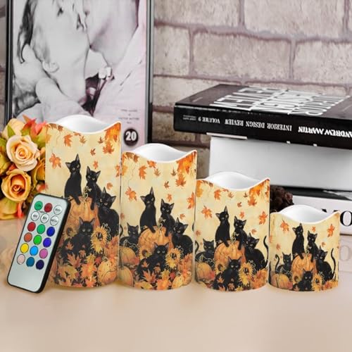 Image of Fall Maple Black Cat Flickering Flameless Candles with Remote LED Pillar Candles Battery Operated with Timer Color Changing Electric Candles for Thanksgiving Day Home Kitchen Decor