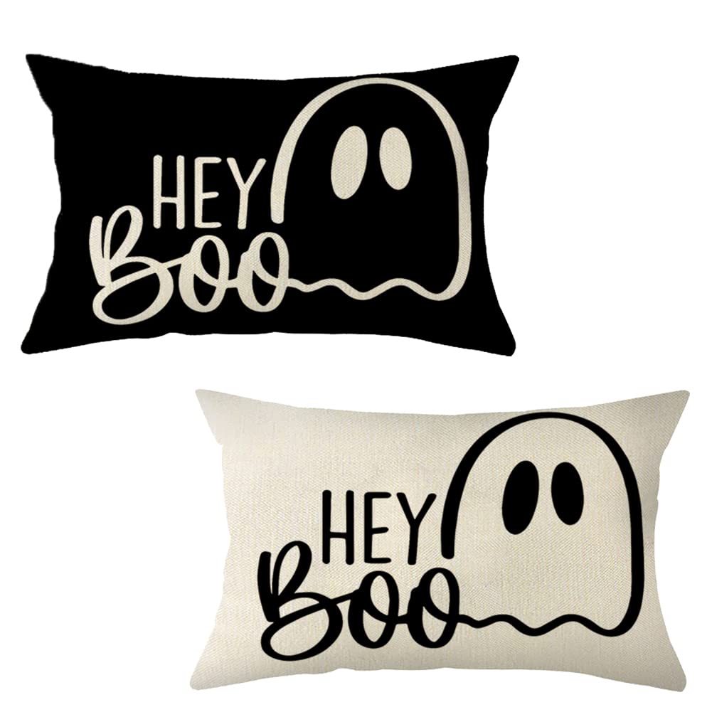 Ogiselestyle Halloween Hey Boo Lumbar Throw Pillow Cover 12x20 Inch Halloween Decoration for Home Sofa Couch Set of