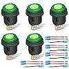 5 Pack SPST 3 Pin ON/Off Waterproof Round Rocker Toggle Switch 12V 20 Amp Green LED Indicator with Pre-Wired for Car Vehicle Trailer Truck SUV Marine Boat RV Ship Motorcycle