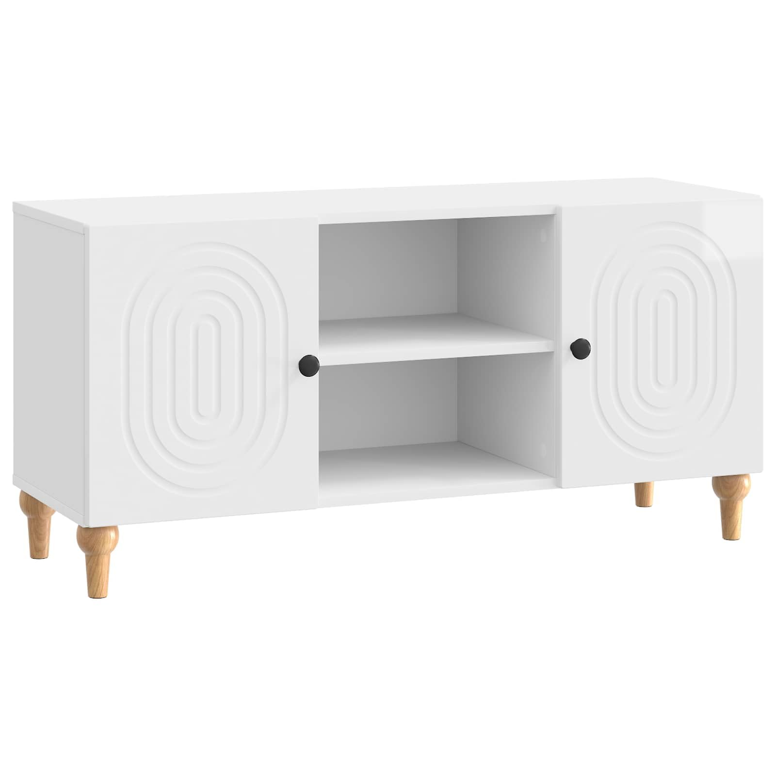 Meuble TV blanc brillant 102cm avec portes pivotantes et étagère salon