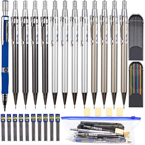 EAONE Mechanical Pencil Set 30 Pieces, 13pcs Mechanical Pencils Assorted Sizes (0.5 mm, 0.7 mm, 2.0 mm) and 12 Tubes Lead Refills for Drafting Drawing Writing with 4 Erasers, 1 Plastic Zipper Bag