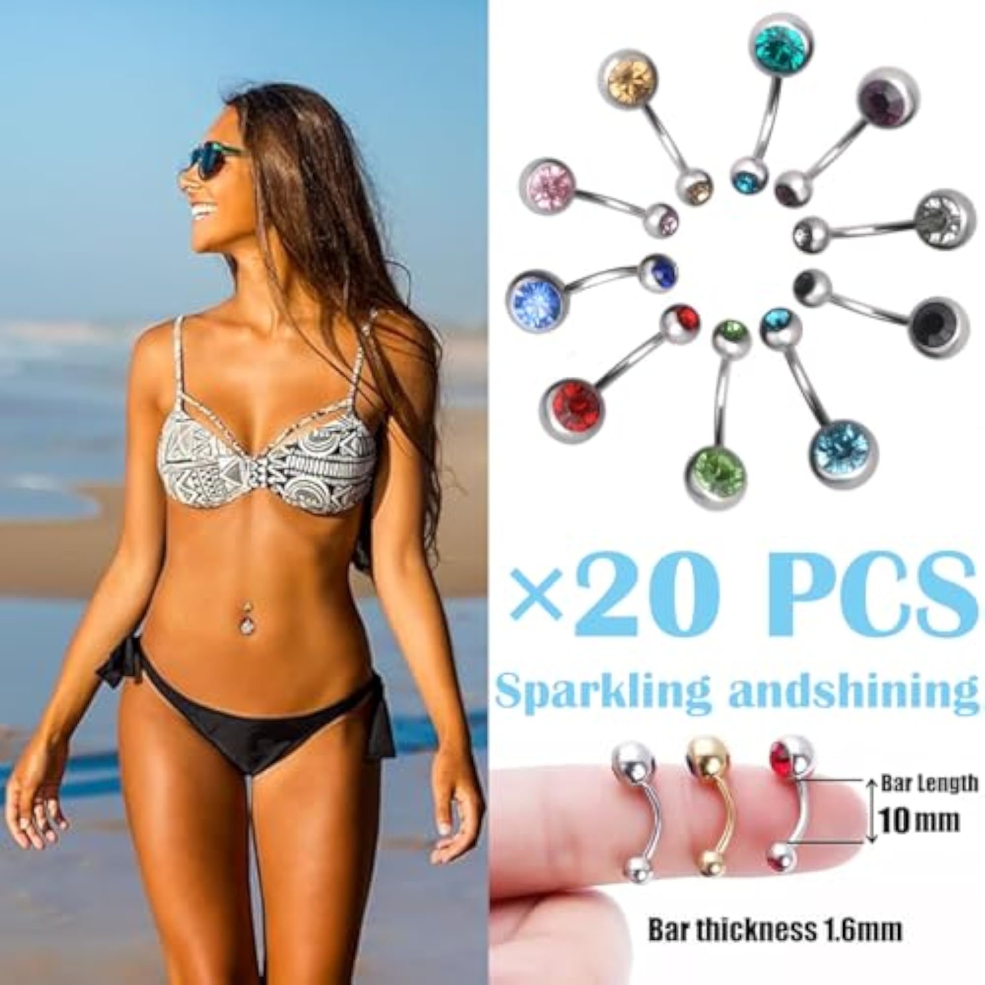 20 Pcs Stainless Steel Belly Bars for Body Piercing