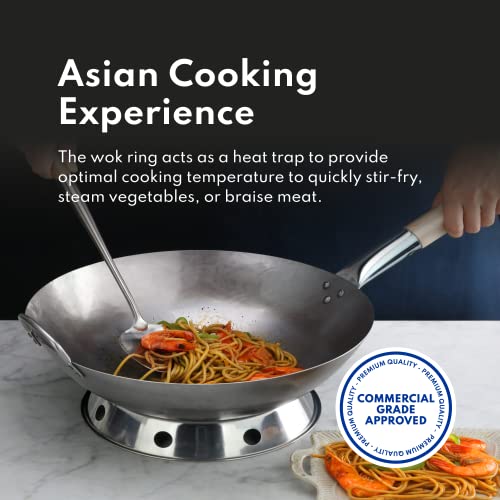 New-Star-Foodservice-1028720-Carbon-Steel-Pow-Wok-Set-with-Wood-and-Steel-Helper-Handle-Hand-Hammered-Includes-14-Round-Bottom-Wok-Wok-RackRing-and-Spatula-Hand-Wash-Recomended