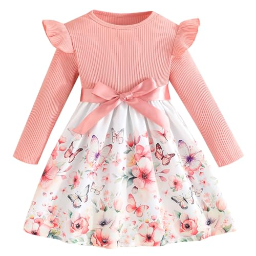 Pilipulu Mädchen Kleid Blumen Bowknot Langarm Kinder Kleider Rüschenärmel A-Linie Kleid Rundhals Rosa 110