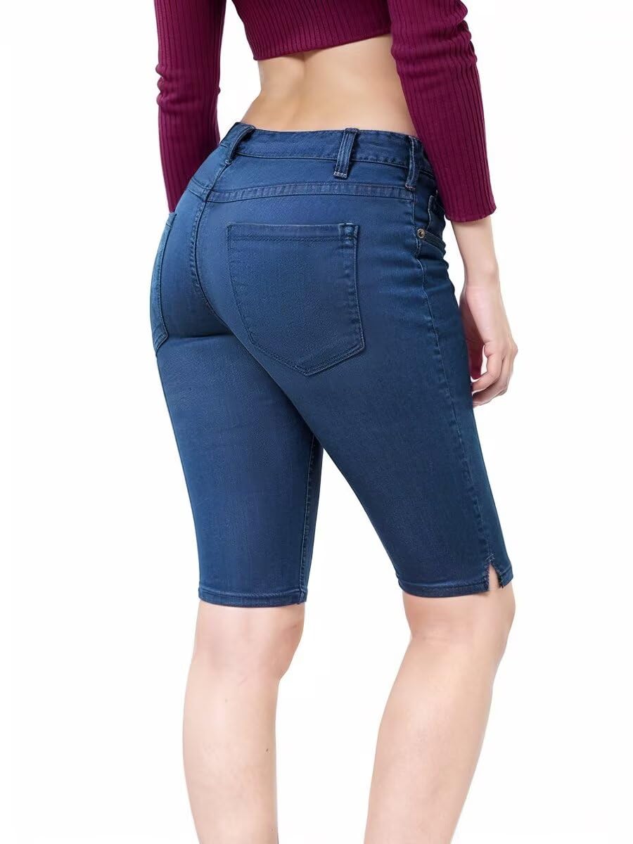 Hybrid & Company Womens Butt Lifting Mid Rise Denim Bermuda Shorts