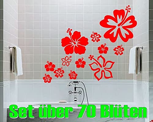 Pegatina - Juego de 70 pegatinas para baño, azulejos de cocina, coches con diseño de flores de hibisco, 15-4 cm, 70 pegatinas en color rojo para baño o cocina azulejos o coches con diseño de flores de hibisco, 15-4 cm