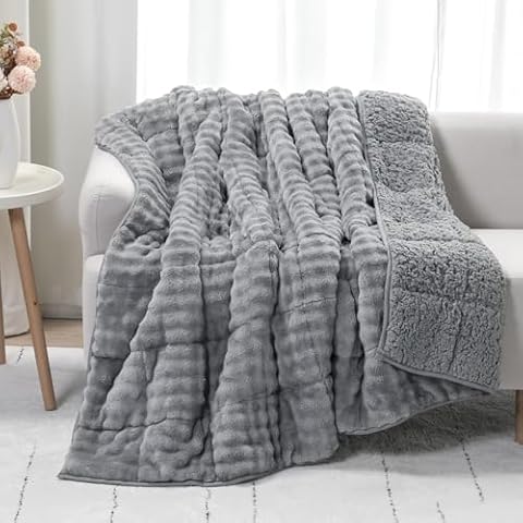 Cottonblue Sherpa Weighted Blanket for Adults Bubble Fleece Plush Heavy Weighted Blankets Fits Twin/Full Size Bed, Cute Fuzzy Warm Heavy Blanket for Calm and Better Sleep, Grey Cover
