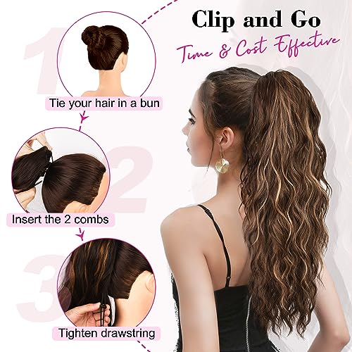 REECHO Ponytail Extension, 26" Long Beach Wave Drawstring Pony Hair Extension Synthetic Pony Tail Hairpiece for Women - Chocolate Brown - Image 4