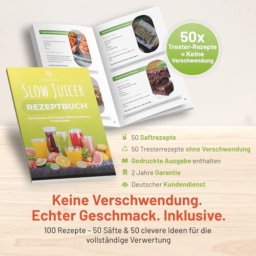 VELOJA Slow Juicer Pro - Kaltpresse Entsafter für ganze Früchte & Gemüse mit 130 mm XL-Einfüllschacht – Ultraleiser Motor – Leicht zu reinigen – Inkl. Rezeptbuch für Säfte & Tresterrezepte