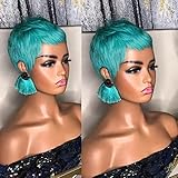 TANGCAI Pixie Cut Wig with Bangs Human Hair Wigs Modern Girl Short Light Blue Summer Wavy Pixie Wigs For Black and White Women Glueless No Lace Frontal Short Layered Cut Wig For American African