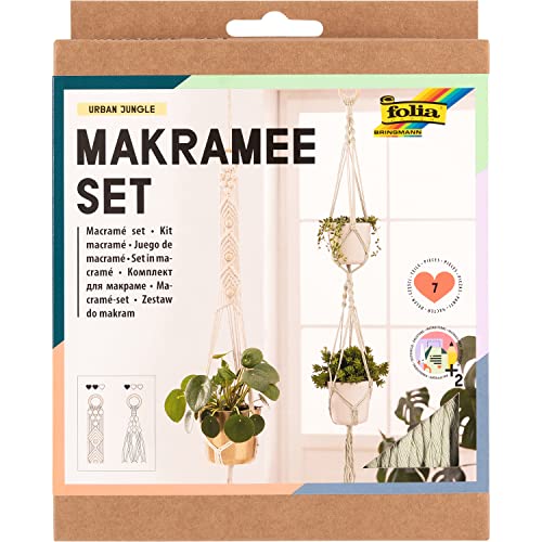 folia 23729 - Makramee Set Urban Jungle, 7-teilig, Garn (natur beige), Garn (pastellgr&uuml;n), Holzperlen, Holzringe, 100 % Baumwolle, mit Anleitung, zum Basteln und Kn&uuml;pfen