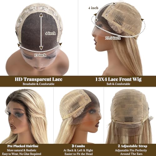 Image of Belaved Highlight Wigs Human Hair Lace Front Ombre 13x4 Straight HD Lace Front Wig Golden Brown to Blonde Balayage Lace Frontal for Women 180% Density Glueless Pre Plucked 16 Inch