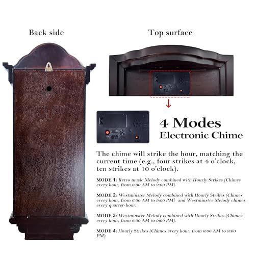 Image of AYRELY 36IN Big Grandfather Vintage Wall Clock with Pendulum and Chime, Hour /Quarter-Hour Chime, Ash Wooden Frame, Large Vintage Wall Clock for Living Room,Home Decor Gift