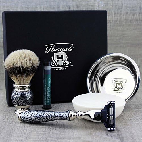 5Pc Mens Shaving Kit 3 Edge Razor With Silver Tip Badger Hair Shaving Brush, Soap, Bowl and Alum Perfect Set For Men