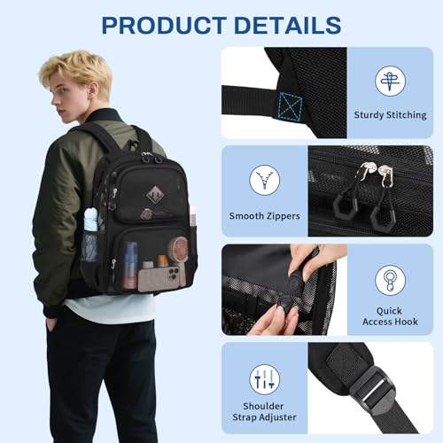 Mesh Backpack for Girls Boys Kids, Heavy Duty Mesh Bookbag, Net Backpack See Through for School,Beach,Swimming,Work,Travel (Black)3