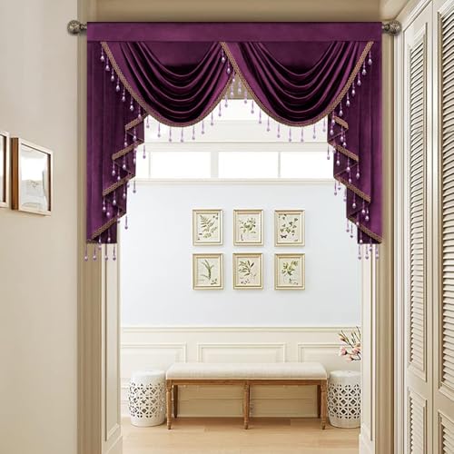 Leeva Royal Purple Velvet Waterfall Valance, Vintage Swag with Beaded