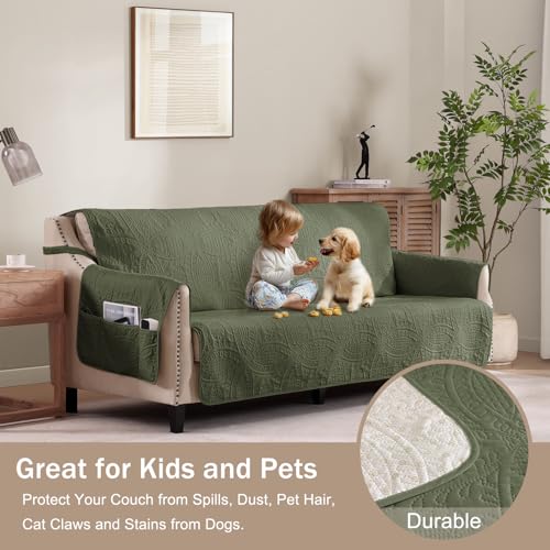 Image of Olive Green Loveseat Covers for 2 Cushion Couch, Water-Repellent Slip Covers for Sofa, Washable Love Seat Quilted Couch Cover, Pet Friendly Loveseat Slipcovers (Loveseat 48 inch, Olive Green)