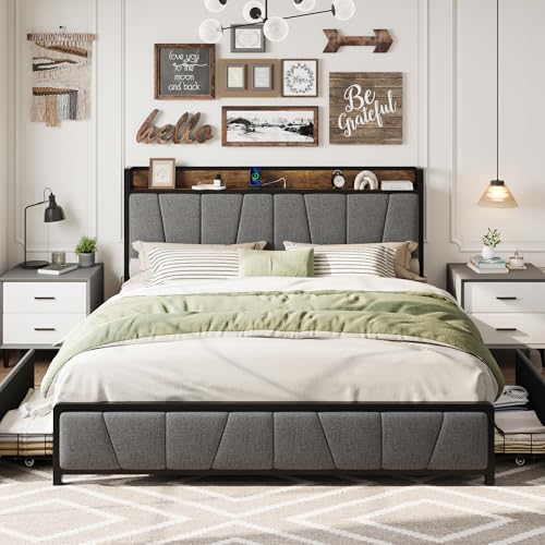 Image of King Size Bed Frame with 2 Storage Drawers and Charging Station, Rustic Linen Upholstered Platform Bedframe with Storage Headboard, No Box Spring Needed, Easy Assembly, Noise Free, Grey