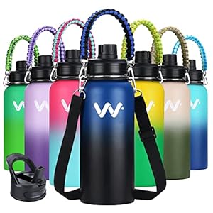 WEREWOLVES 24 oz Insulated Water Bottle With Paracord Handles & Strap & Straw Lid & Spout Lid,Reusable Wide Mouth Vacuum Stainless Steel Water Bottle for Adults (New-Blue Black, 24 oz)