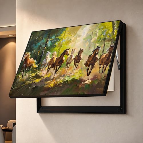 Image of Electric MCB Box Cover Frame With Hydraulic Decorative Painting White 8 Running Horse Painting Electrical Panel box Cover, Switch Box Frame Will Fit Max 10x14 inch Switch Board, Outer Size 13X17 Inch
