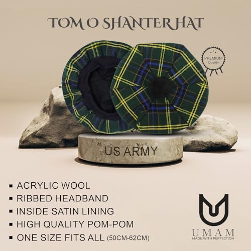 Image of Scottish Tam O' Shanter Hat Tartan Bonnet Pom Pom Wool Flat Cap One Size