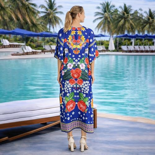 Image of Miss Lavish London Blue Floral Kaftan Dresses for Women V Neck Batwing Sleeve Maxi Beach Cover Up, Ethnic Print Plus Size Caftan with Side Slits & Pockets, Womens Resort Wear Swim Coverup-Blue-XL