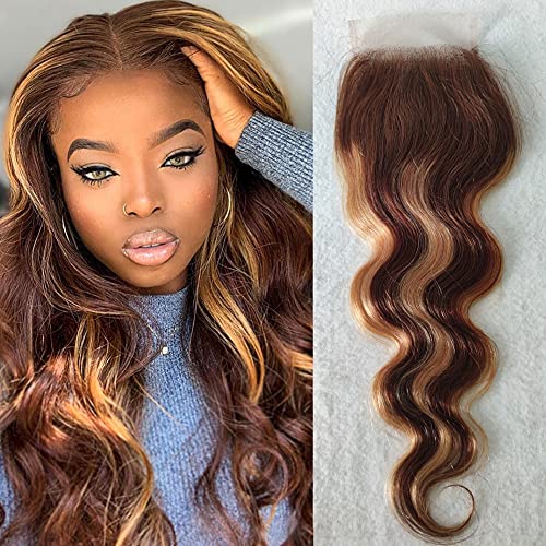 Bestsojoy P4/27 Highlight Brazilian Body Wave Lace Closure 12A Ombre Brown Blonde Brazilian Human Hair Body Wave 4x4 Free Part Lace Closure(18inch, Highlight Closure)