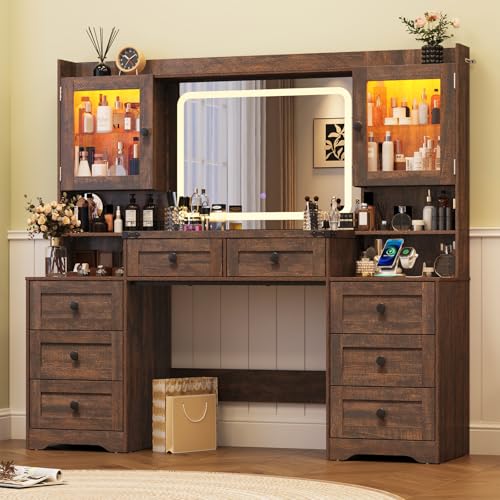 jiteentarou 60 Large Farmhouse Vanity Desk with LED Mirror Lights and Charging Station Glass Top Makeup Vanity Table w/8 Drawers LED Glass Storage Cabinet Dressing Table for Bedroom Rustic Brown
