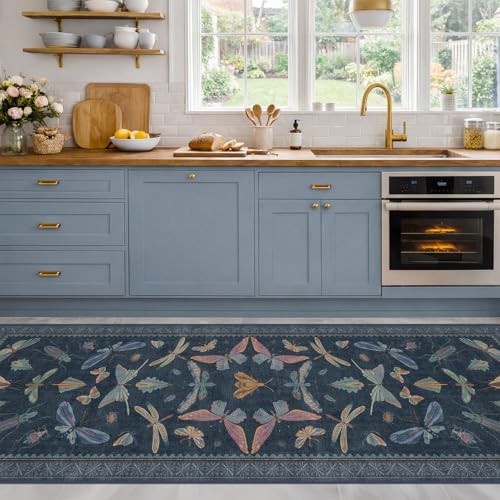 2'6"x10' Dark Blue Kitchen Runner Rug, Washable Non Slip Hallway Rug for Entryway, Vintage Insect Moth Indoor Carpet, Low Pile & Stain Resistant