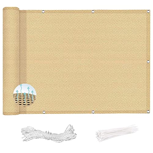 Balkonsichtschutz für den Außenbereich, 115 x 700 cm, atmungsaktives Netz-Windschutz, UV-beständig und langlebig, gelber Sand, einfache Installation mit Kabeln und Seilen