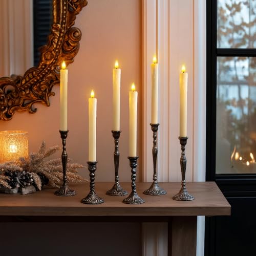 Image of Homemory 3 Pcs Real Wax Flameless Taper Candles with Remote Timer and Dimmer, Battery Operated Candlesticks with Flickering Light, Ivory Window Candles, 9.6 Inches for Wedding Home Decor