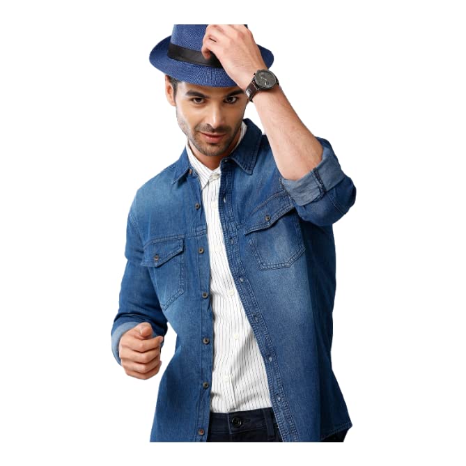 PROTOTYPE Men Slim Fit Solid Spread Collar Denim Shirt_ Amazon.in