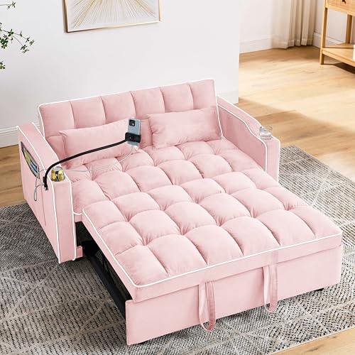 Dreamzie 3 in 1 Convertible Sleeper Sofa Bed, Pull Out Couch for Living Room with Swivel Phone Stand, Loveseat Sleeper with Side Pocket | Adjustable Backrest | USB Port | Cup Holder(Fabric, Pink)