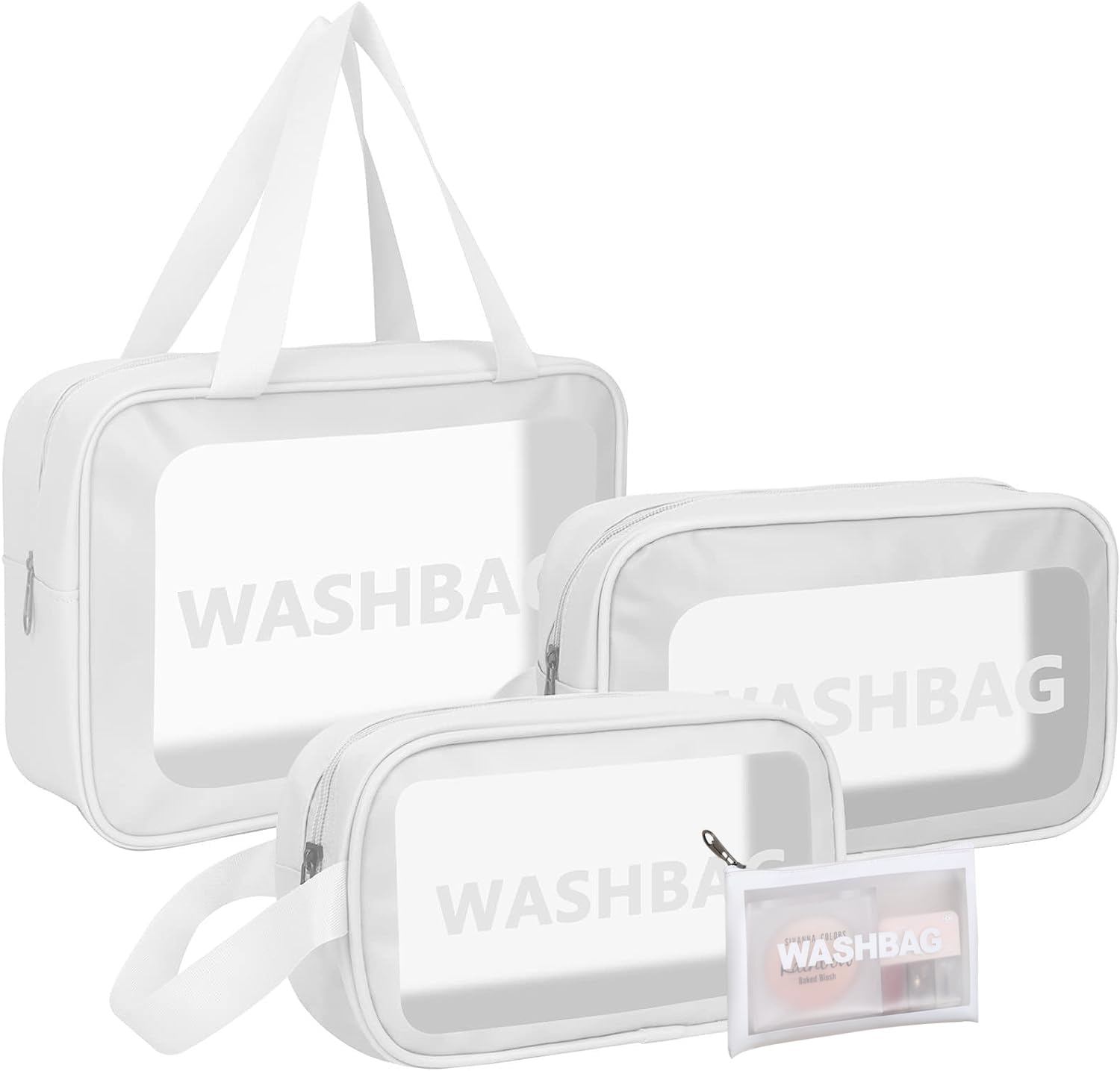 Travel Cosmetic Makeup Bags for Women, 4Pcs Different Size Travel Clear Makeup Bags with Handle, Large Capacity Translucent Waterproof Travel Cosmetic Bags for Women Travel and Bathroom (White)