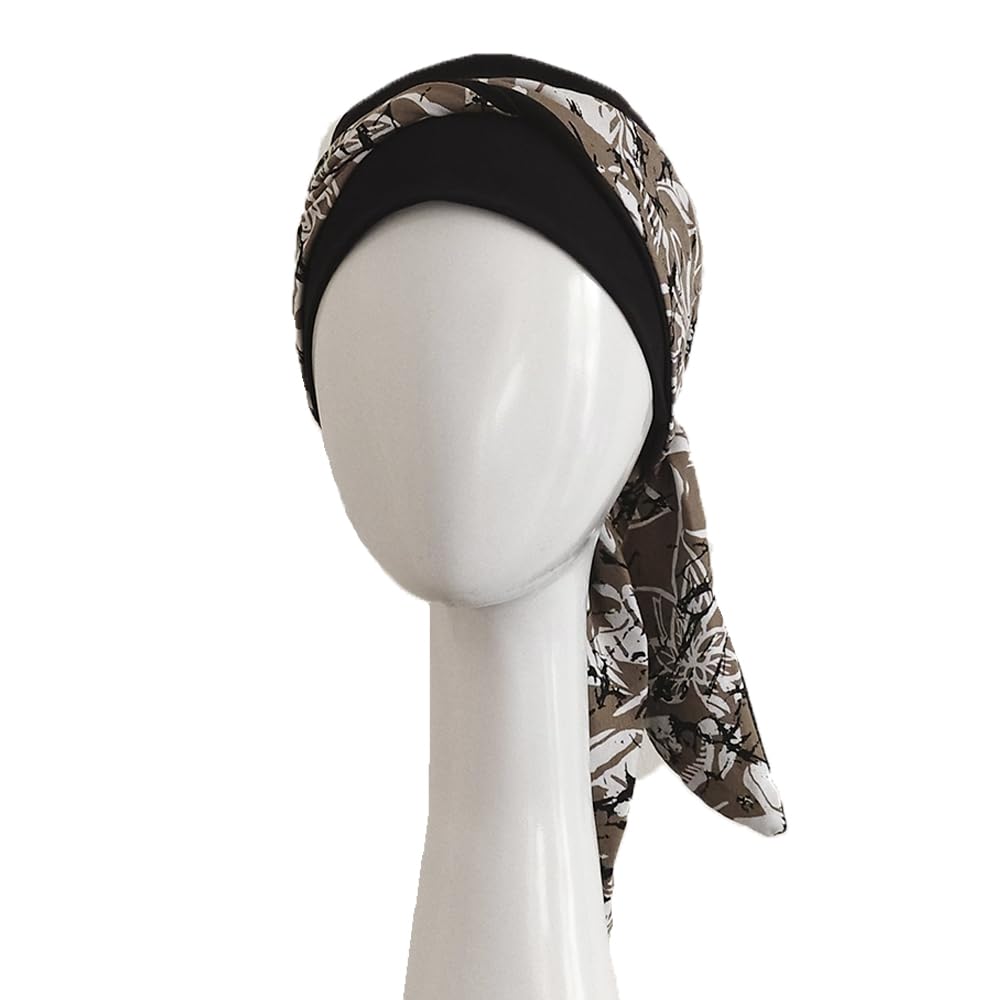 Carebell Smooth Paint Flowers Turban Bonnet oncologique en coton pour chimiothérapie ou alopécie, Noir, blanc, marron, Taille Unique