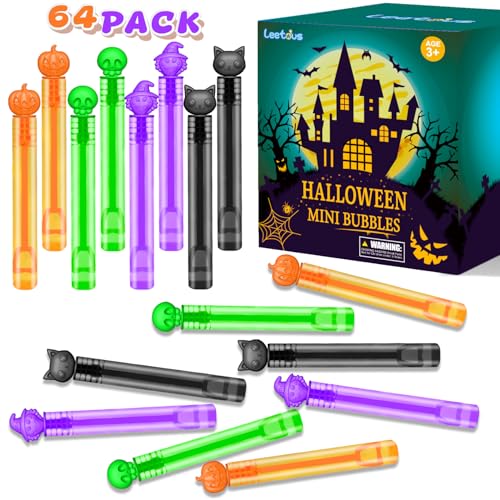 Leetous Halloween Treats Prizes Bulk for Kids, Mini Bubble Wands Party Favors Bulk for Toddlers 64 PCS, Halloween School Basket Goodie Bag Stuffer Filler for Boys Girls, Halloween Giveaways Toys Gifts