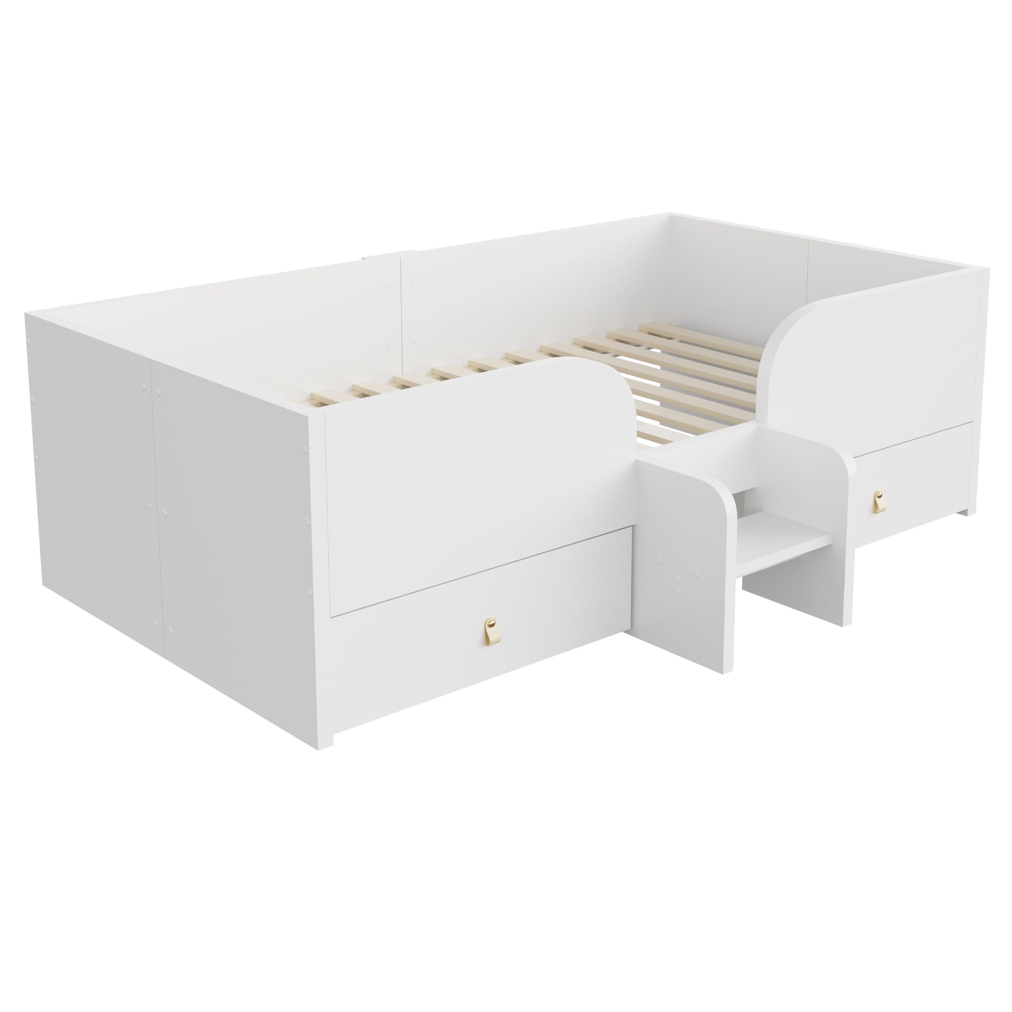 Lettino Singolo 90x200 con Due Cassetti e Piccolo Gradino Letto con Cassetti con Sponde Alte a Barre e Rete di 15 Doghe Letto in Legno in Compensato e MDF per Camera Bianco
