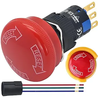 16mm Latching Emergency Stop Push Button Switch Toggle Switch Mushroom Cap 30mm E-Stop Button 1NO1NC 5A 12V-250V K16-811-N Protection Cover SPDT (K16-811-N-G6)