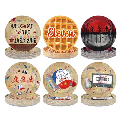 Greencian 60Pcs Spooky Rustic Paper Plates 9 Disposable Heavy Duty Spooky Rustic Alphabet Dessert Plates Run Party Decorations for Boys Girls Friends Upside Theme Down Party Supplies
