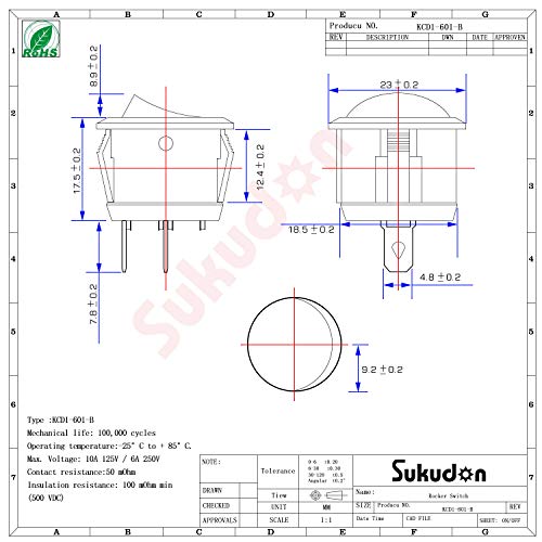 SUKUDON - Interruptor basculante con 6 cables rojos, dos pines de prueba de voltaje, redondo, negro, 10 A/125 V, 6 A/250 V de encendido y apagado