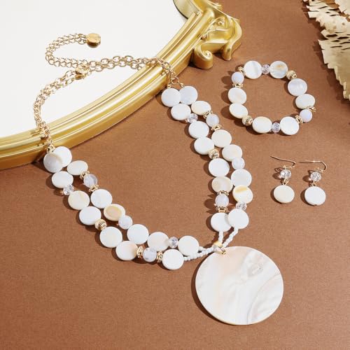 Coiris Layered Beads Statement Necklace for Women Gradient Colour Circle Shell Pendant Chunky Jewelry Set Costume Jewelry for Women（ST0027-White） by Coiris - Used condition - Image 2