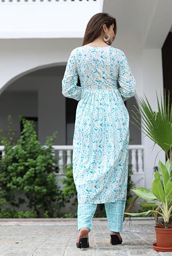 Image of Women's Stylish Rayon Nayra Cut Kurta Embroidered Work and Round Neck 3 /4 Sleeve with Pant Dupatta Set